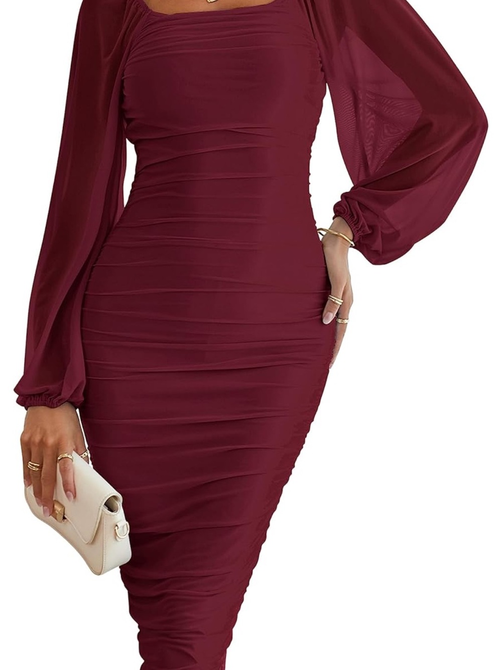 Amazon Wine Burgundy Ruched Midi Dress with Sheer Long Sleeves - Picture 1 of 2